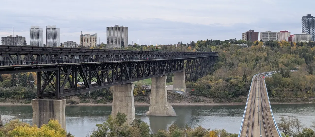 The High Level Bridge and the Dudley B. Menzies LRT bridge crossing the North Saskatchewan River in Edmonton
