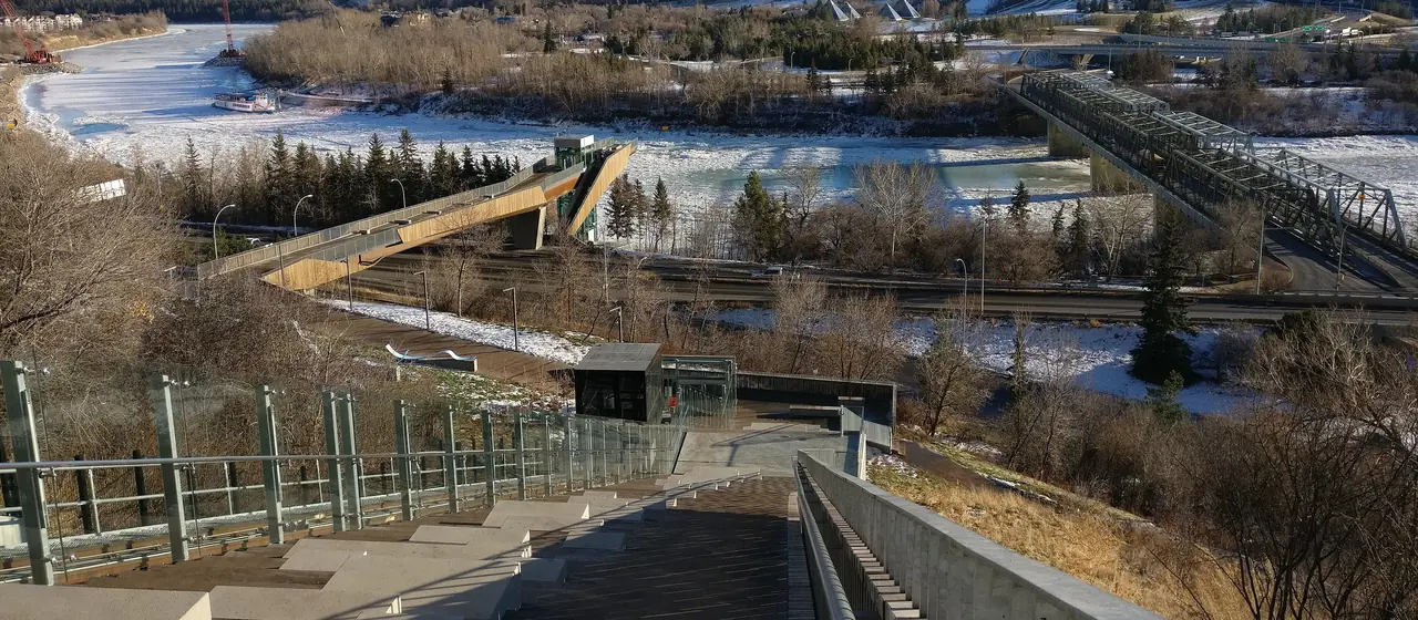 View from the 100 Street Funicular over the snowy river valley, the Low Level Bridge and the North Saskatchewan River